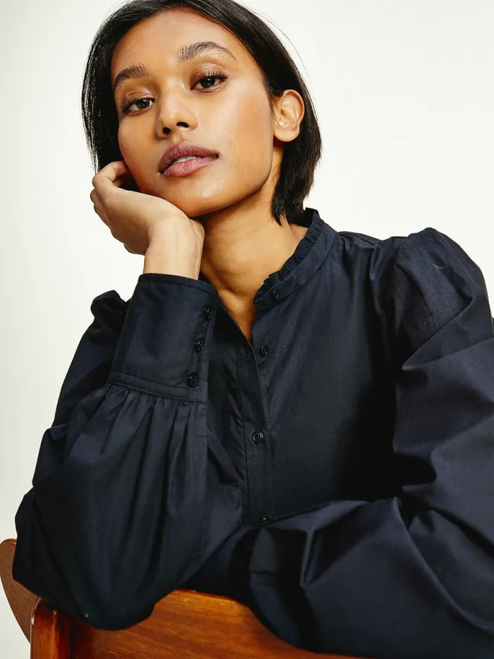 Tommy Hilfiger Ruffled Mandarin Collar Relaxed Fit Blouse Black Womens Shirts and Blouses Popular