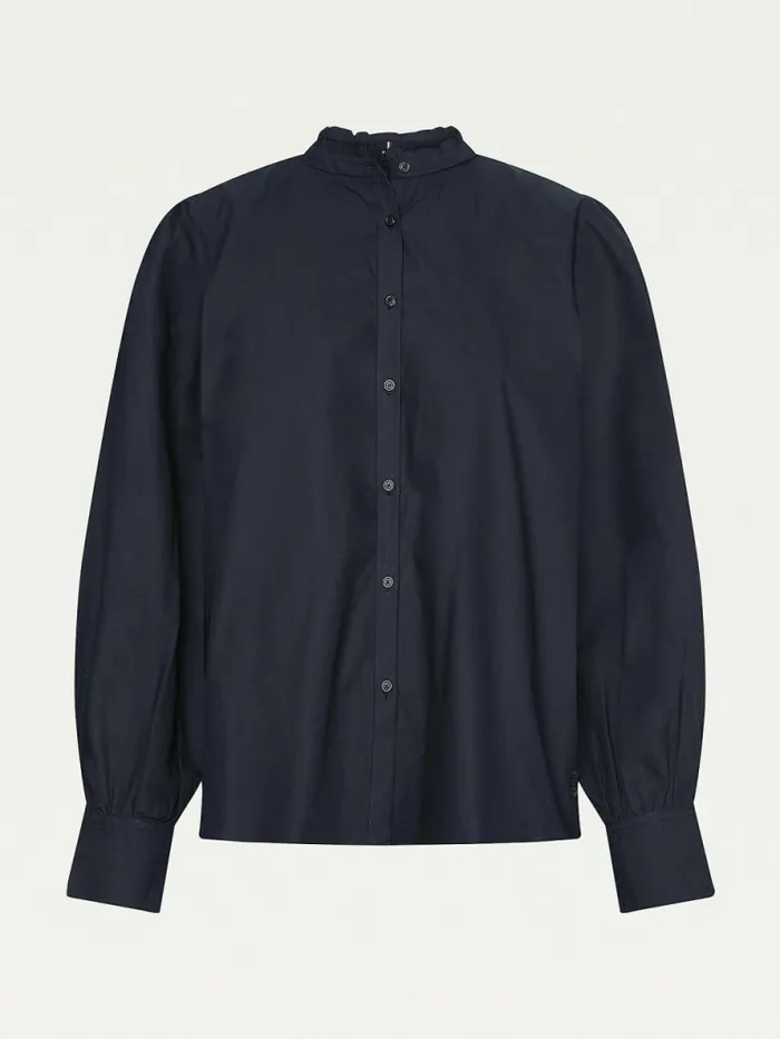 Tommy Hilfiger Ruffled Mandarin Collar Relaxed Fit Blouse Black Womens Shirts and Blouses Popular