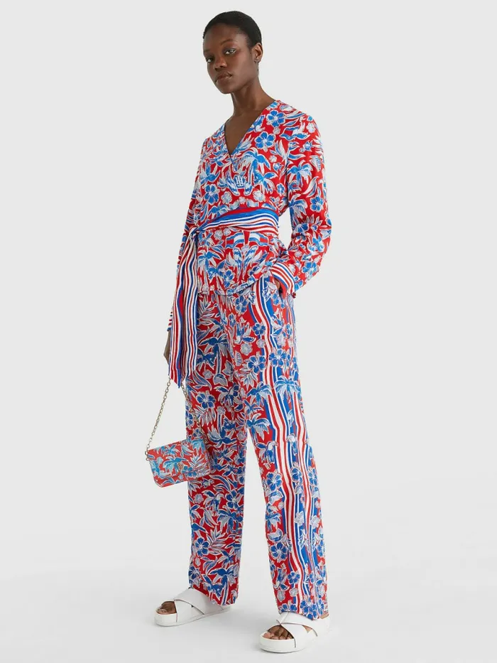 Tommy Hilfiger Scarf Print Wide Leg Relaxed Trousers Island Scarf Red Womens Trousers