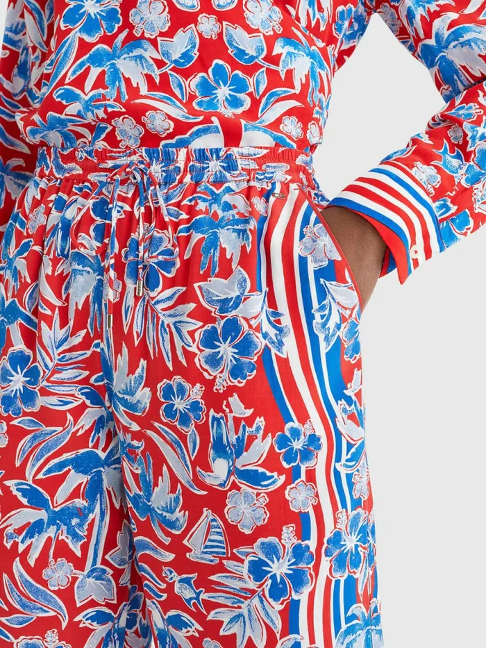 Tommy Hilfiger Scarf Print Wide Leg Relaxed Trousers Island Scarf Red Womens Trousers