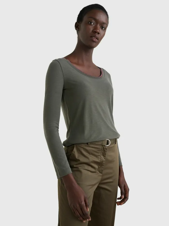 Tommy Hilfiger Scoop Neck Long Sleeve Relaxed TShirt Army Green Womens TShirts For Sale Tommy Hilfiger Scoop Neck Long Sleeve Relaxed TShirt Army Green Womens TShirts For Sale