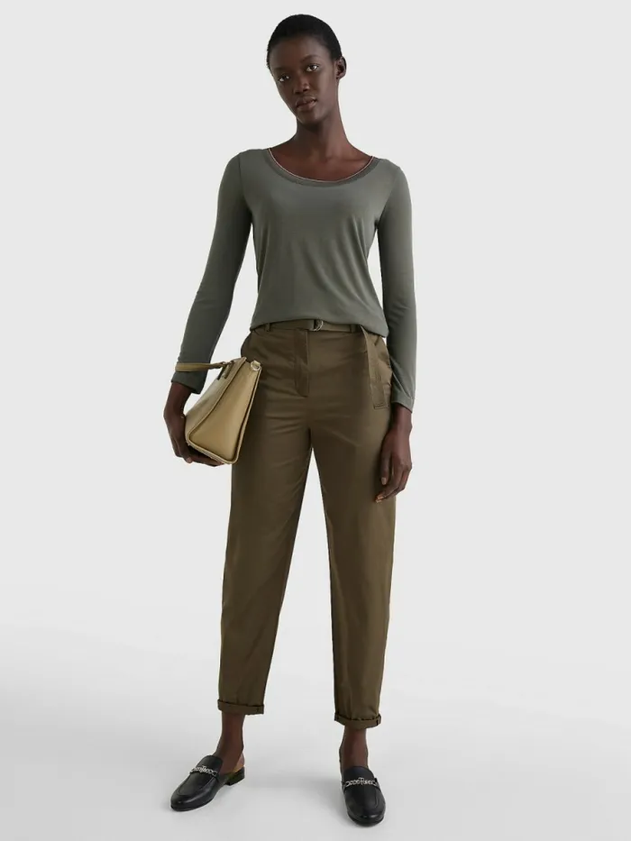 Tommy Hilfiger Scoop Neck Long Sleeve Relaxed TShirt Army Green Womens TShirts For Sale