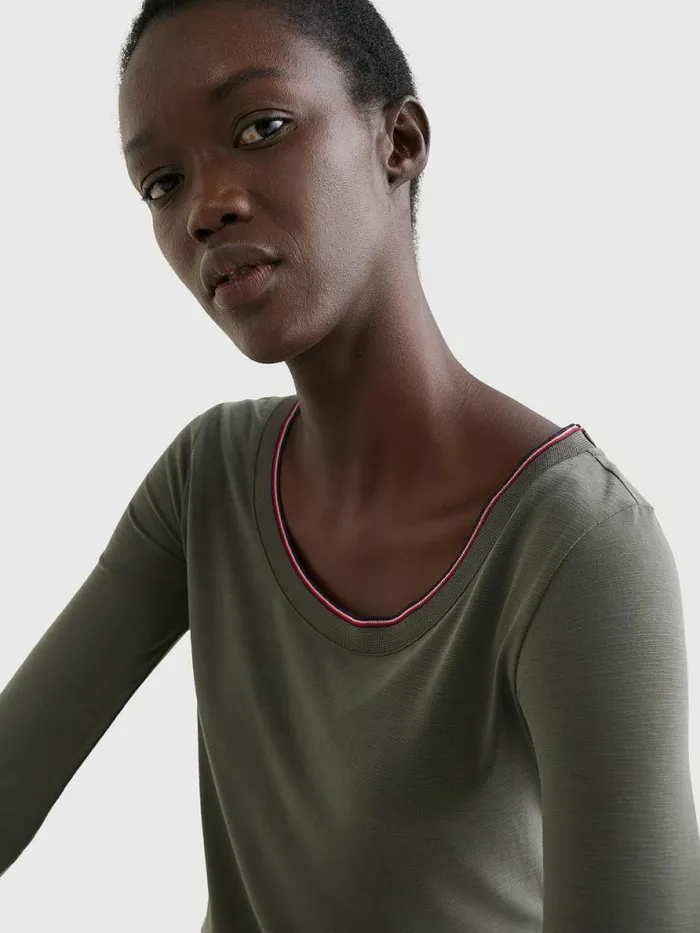 Tommy Hilfiger Scoop Neck Long Sleeve Relaxed TShirt Army Green Womens TShirts For Sale