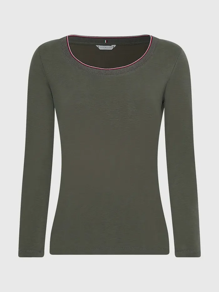 Tommy Hilfiger Scoop Neck Long Sleeve Relaxed TShirt Army Green Womens TShirts For Sale