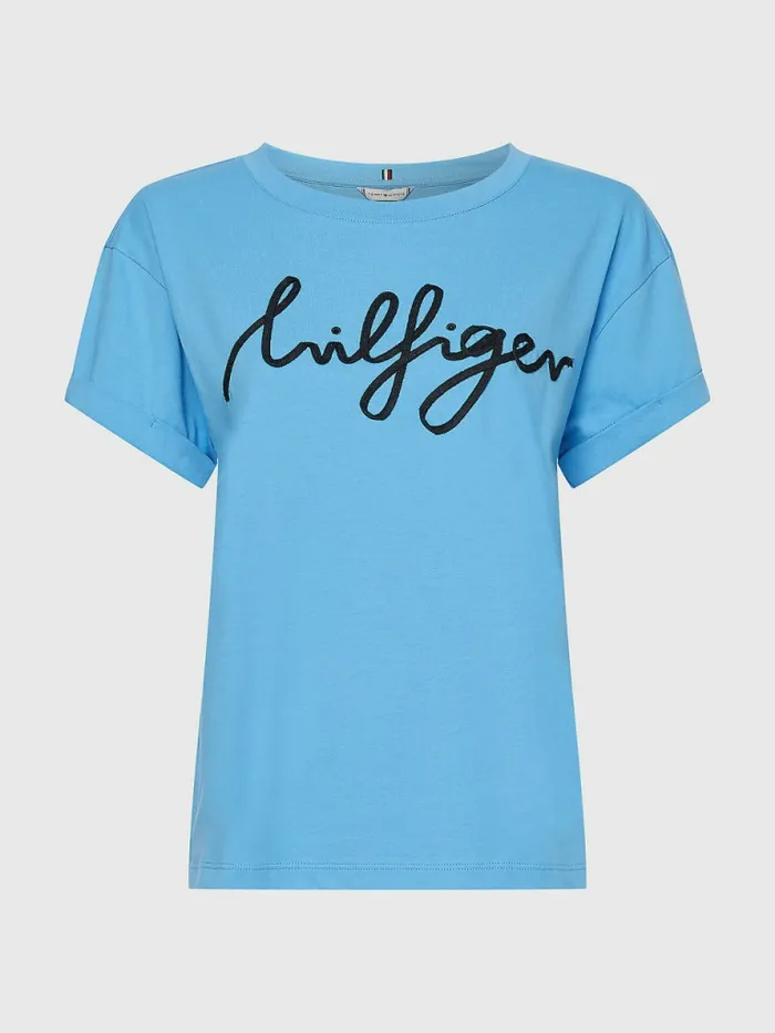 Tommy Hilfiger Script Logo Relaxed Fit TShirt Hydrangea Blue Womens TShirts Popular Tommy Hilfiger Script Logo Relaxed Fit TShirt Hydrangea Blue Womens TShirts Popular