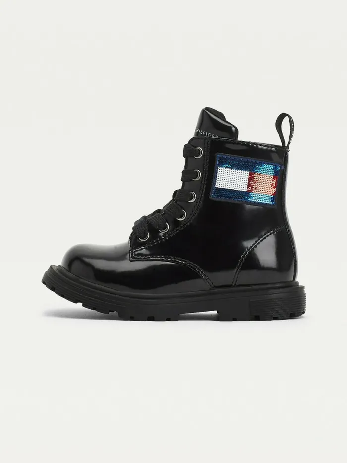 Tommy Hilfiger Sequin Flag Patent LaceUp Boots Black Girls Shoes and Accessories Online
