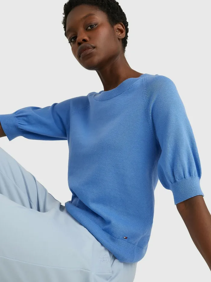 Tommy Hilfiger Short Puff Sleeve Jumper Hydrangea Blue Womens CoOrds