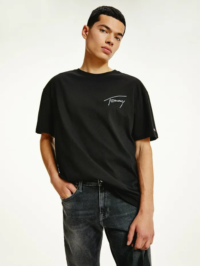 Tommy Hilfiger Signature Embroidery TShirt Black Mens TShirts Cheap On Sale
