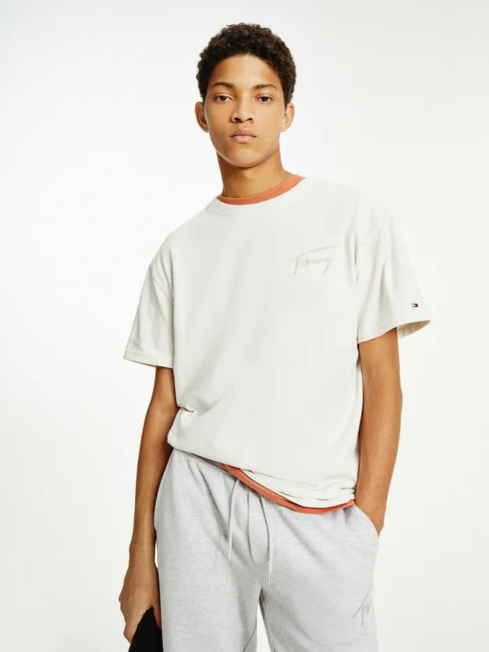 Tommy Hilfiger Signature Embroidery TShirt Ivory Mens TShirts On Sale