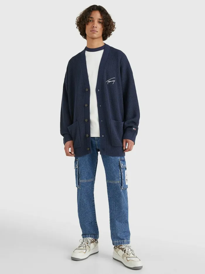 Tommy Hilfiger Signature Embroidery VNeck Knitted Cardigan Twilight Navy Mens Knitwear Fashion