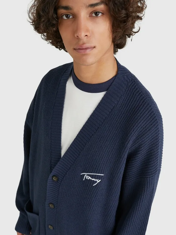 Tommy Hilfiger Signature Embroidery VNeck Knitted Cardigan Twilight Navy Mens Knitwear Fashion