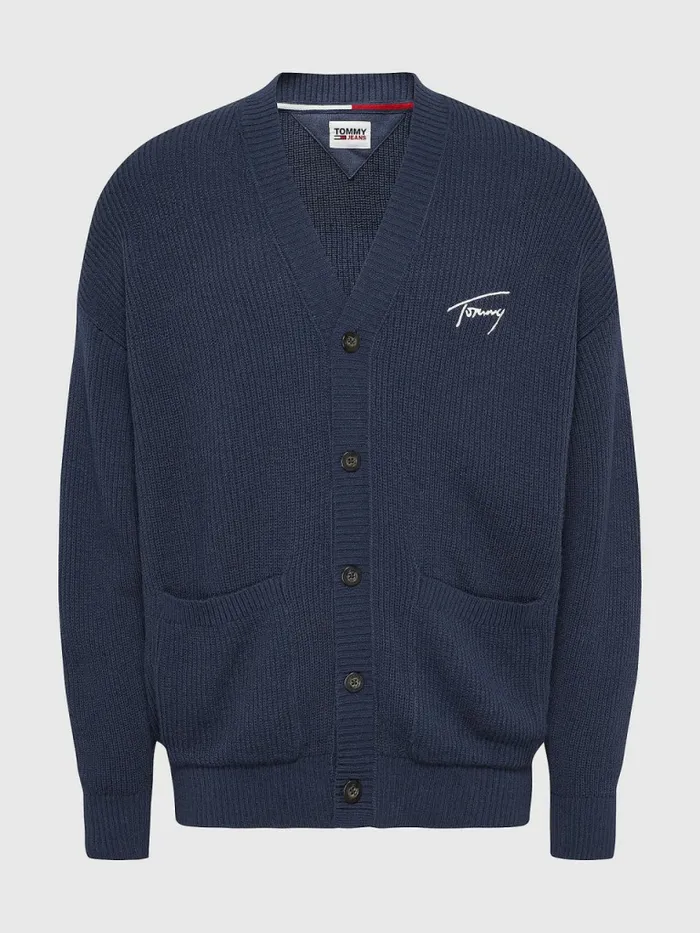 Tommy Hilfiger Signature Embroidery VNeck Knitted Cardigan Twilight Navy Mens Knitwear Fashion