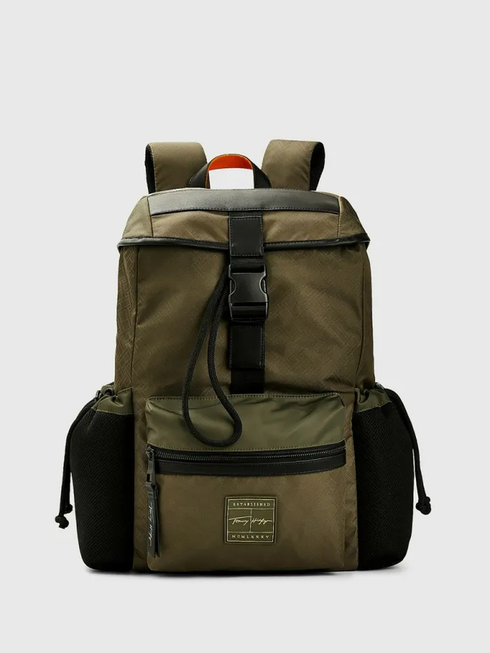 Tommy Hilfiger Signature Flap Backpack Army Green Flag Monogram Mens Bags On Sale