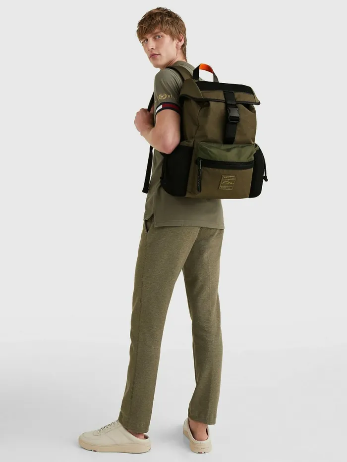 Tommy Hilfiger Signature Flap Backpack Army Green Flag Monogram Mens Bags On Sale