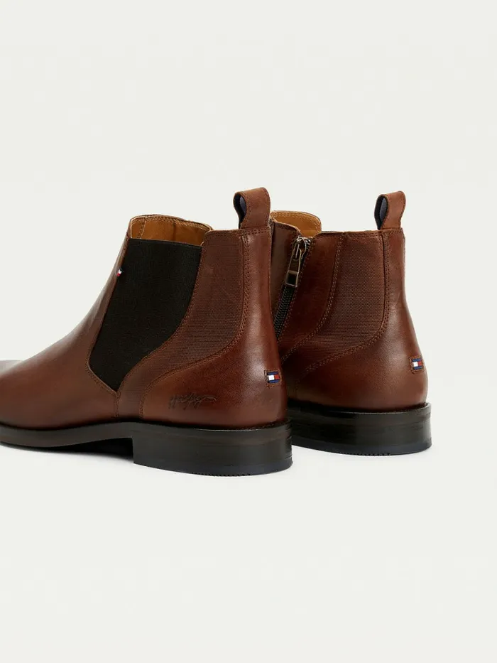 Tommy Hilfiger Signature Leather ZipUp Chelsea Boots Warm Cognac Mens Boots Popular