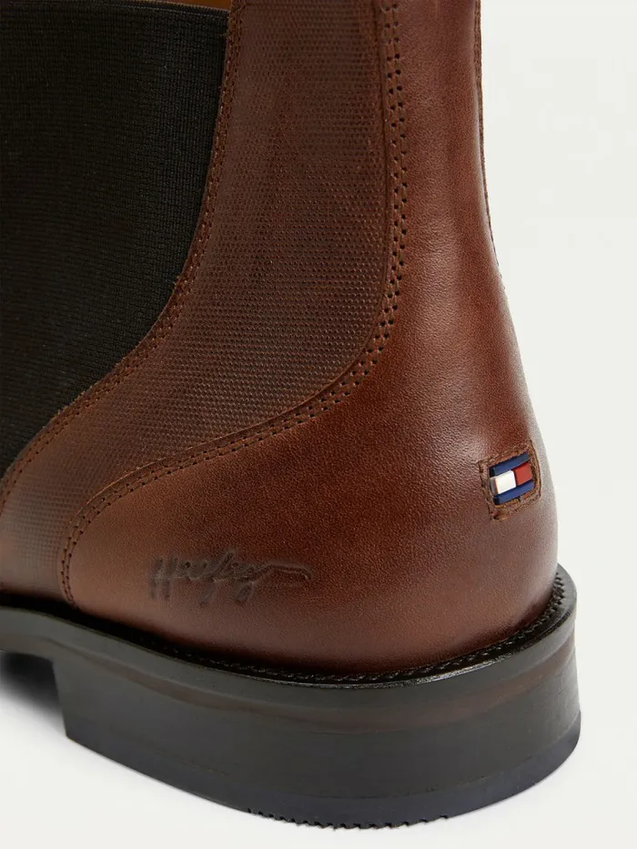 Tommy Hilfiger Signature Leather ZipUp Chelsea Boots Warm Cognac Mens Boots Popular