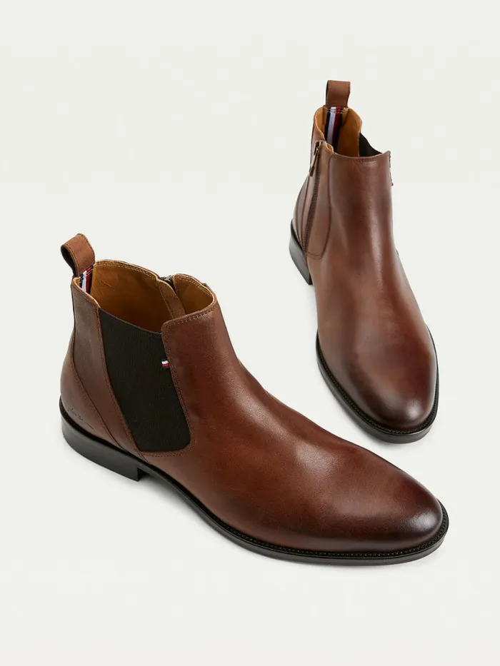 Tommy Hilfiger Signature Leather ZipUp Chelsea Boots Warm Cognac Mens Boots Popular