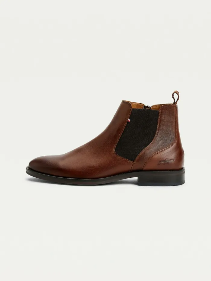 Tommy Hilfiger Signature Leather ZipUp Chelsea Boots Warm Cognac Mens Boots Popular