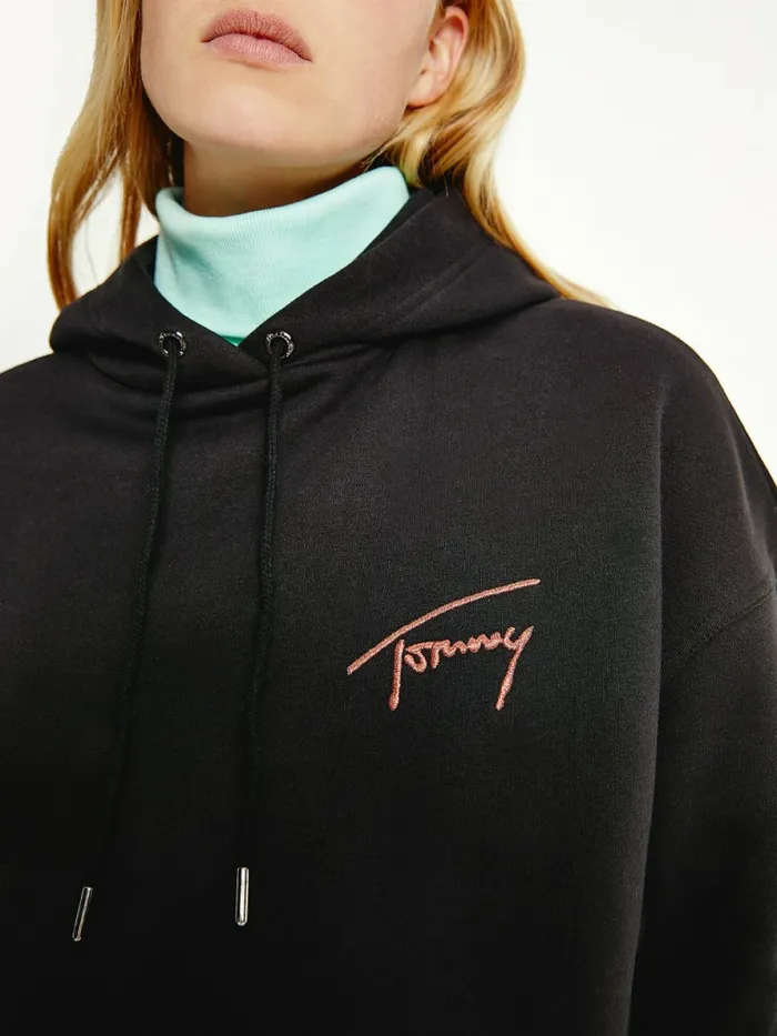 Tommy Hilfiger Signature Logo Oversized Hoody Black Womens Sweatshirts and Hoodies Sale