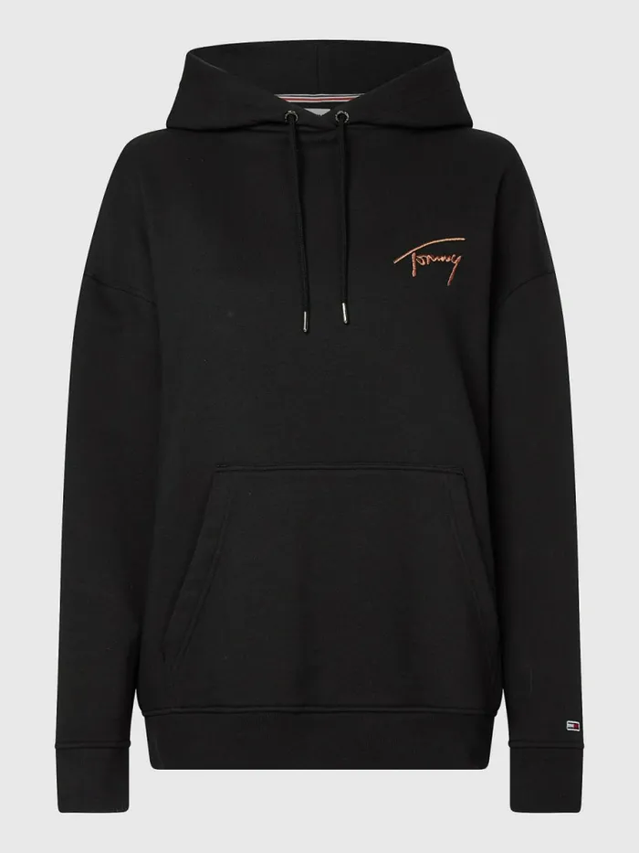 Tommy Hilfiger Signature Logo Oversized Hoody Black Womens Sweatshirts and Hoodies Sale