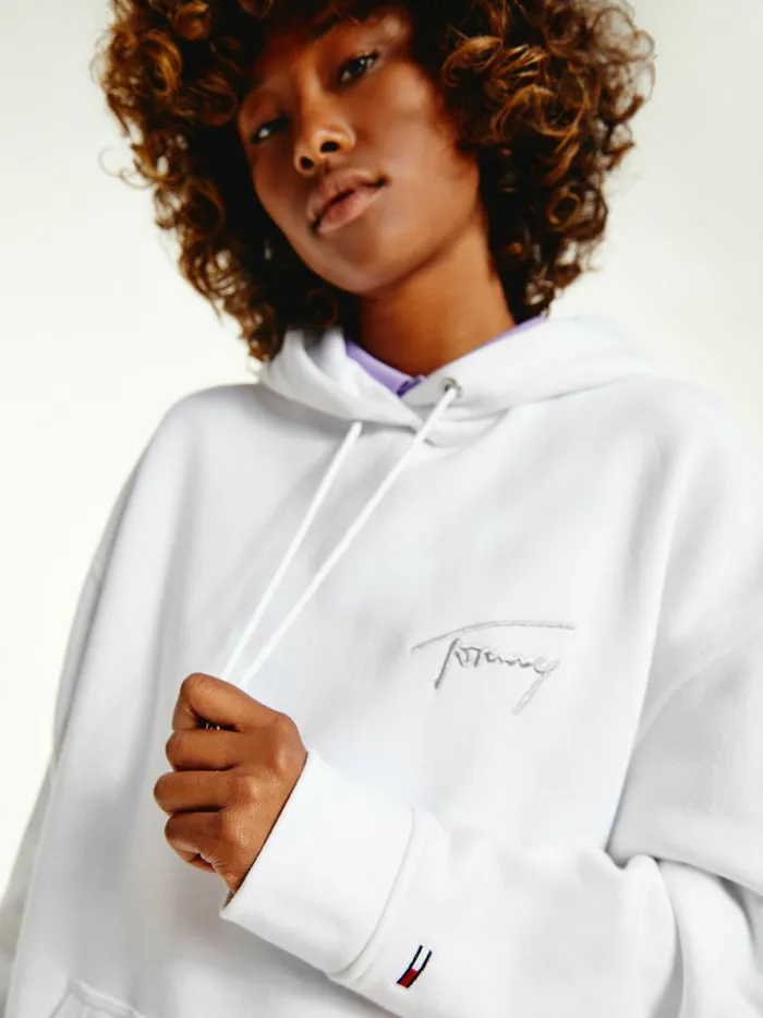 Tommy Hilfiger Signature Logo Oversized Hoody White Womens Sweatshirts and Hoodies Online