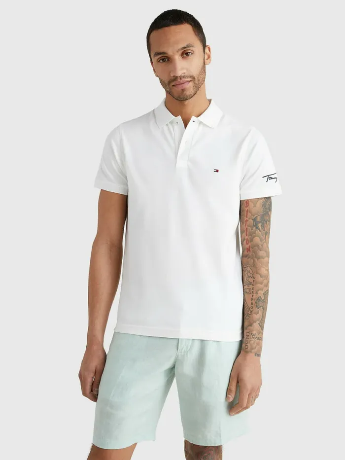 Tommy Hilfiger Signature Logo Slim Fit Polo White Mens Polo Shirts Sale