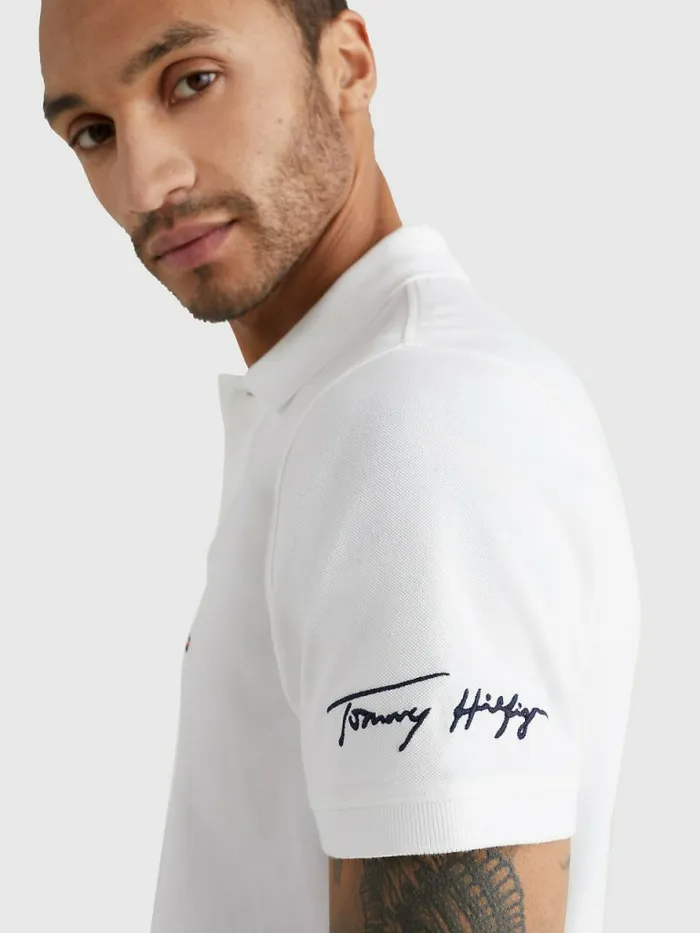 Tommy Hilfiger Signature Logo Slim Fit Polo White Mens Polo Shirts Sale