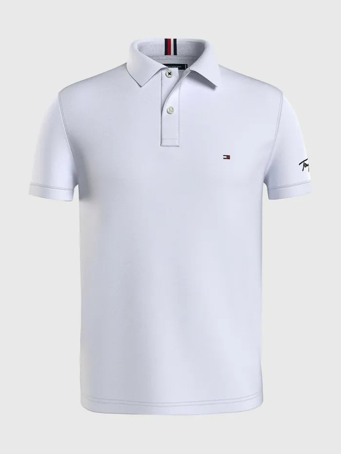 Tommy Hilfiger Signature Logo Slim Fit Polo White Mens Polo Shirts Sale