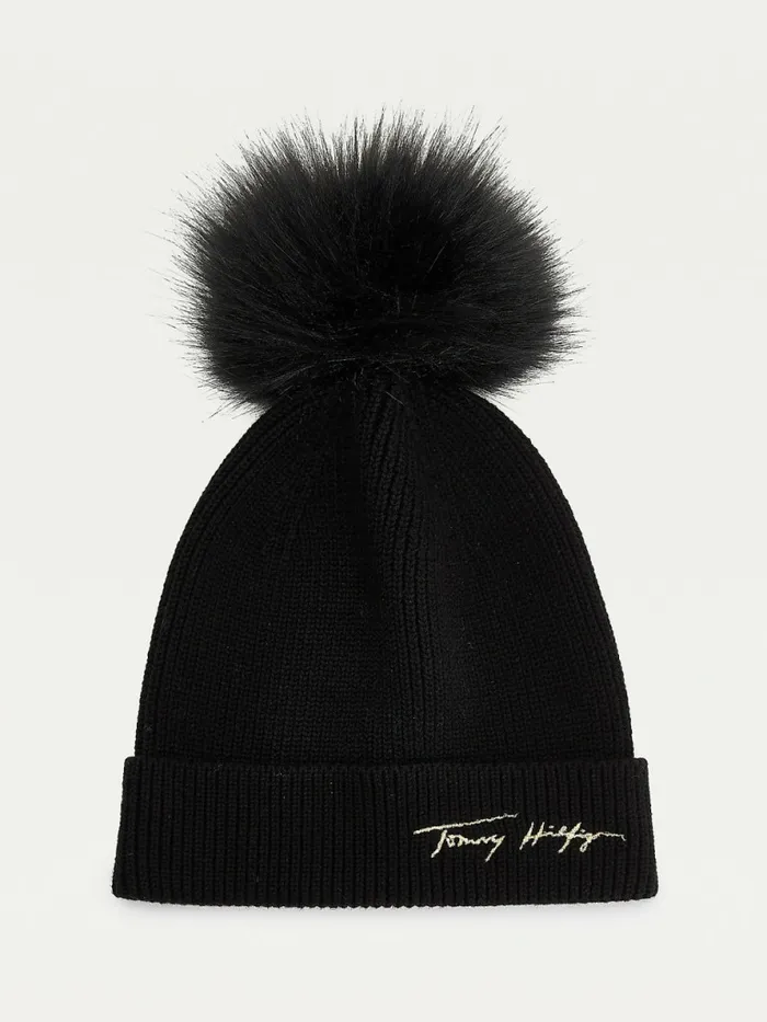 Tommy Hilfiger Signature Pom Pom Beanie Black Womens Hats and Scarves For Sale Tommy Hilfiger Signature Pom Pom Beanie Black Womens Hats and Scarves For Sale