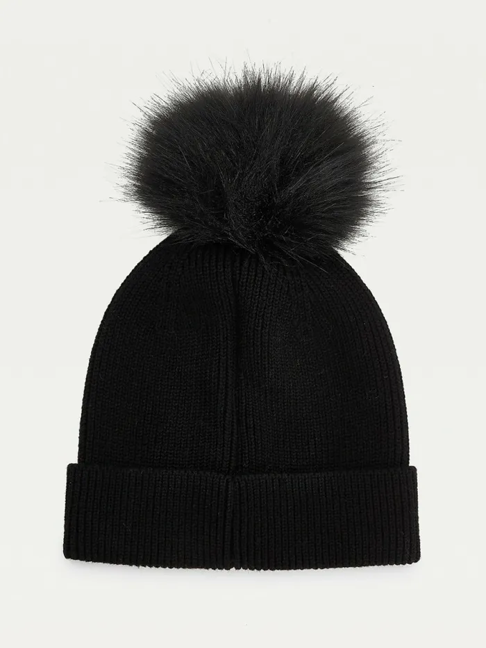 Tommy Hilfiger Signature Pom Pom Beanie Black Womens Hats and Scarves For Sale