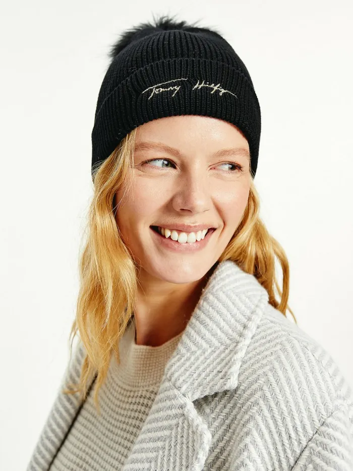 Tommy Hilfiger Signature Pom Pom Beanie Black Womens Hats and Scarves For Sale