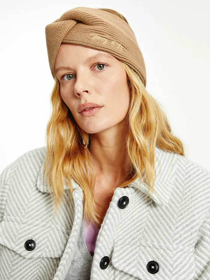 Tommy Hilfiger Signature Rib Knit Twist Headband Camel Womens Hats and Scarves Popular