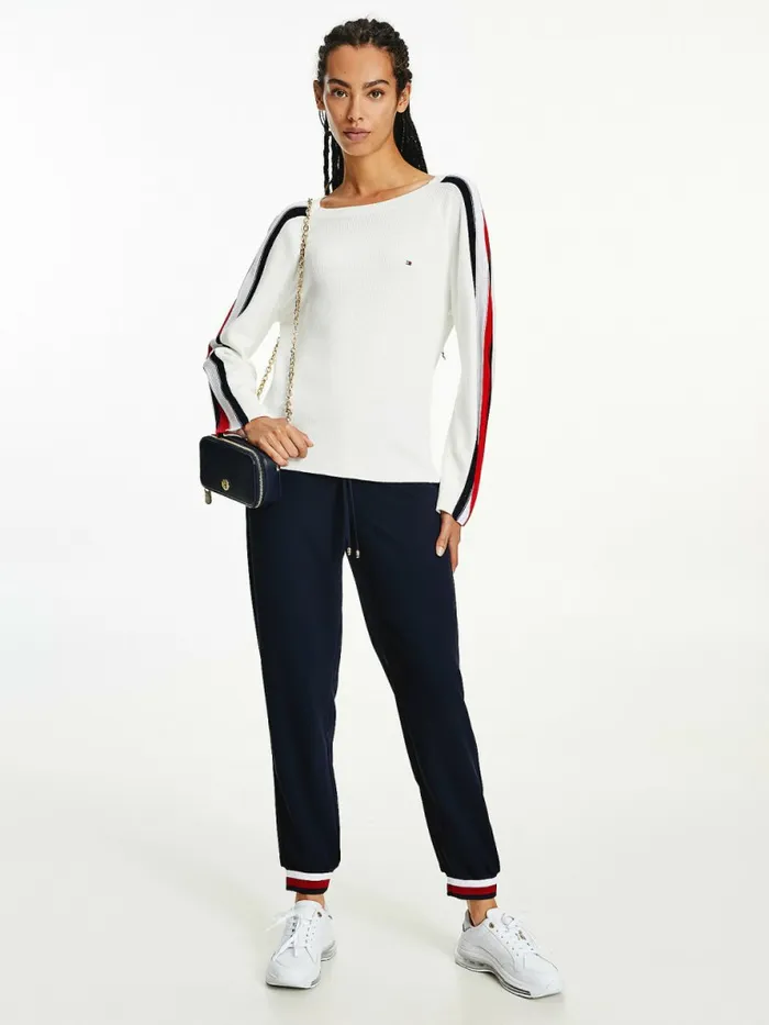 Tommy Hilfiger Signature Sleeve Round Neck Jumper Ecru Womens Knitwear Online