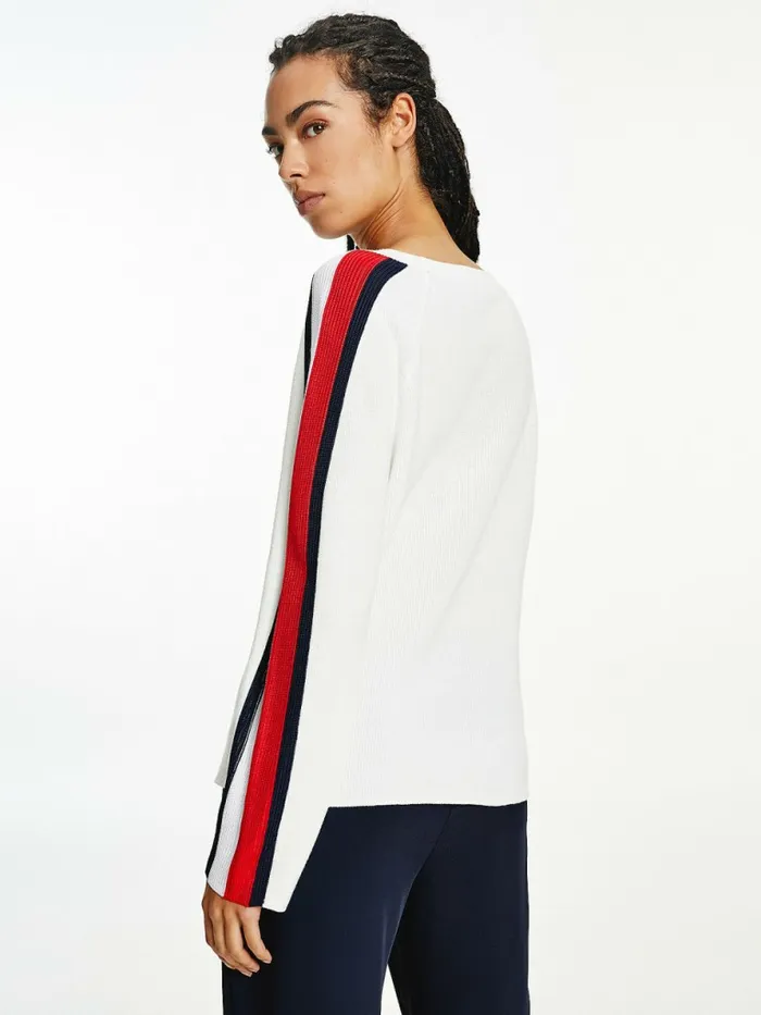 Tommy Hilfiger Signature Sleeve Round Neck Jumper Ecru Womens Knitwear Online