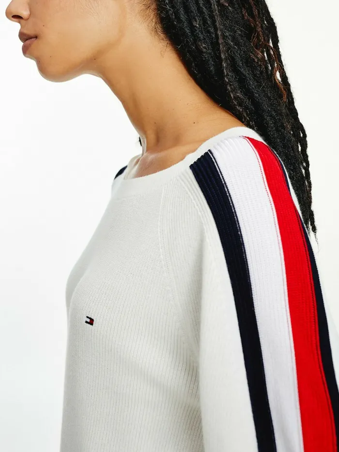 Tommy Hilfiger Signature Sleeve Round Neck Jumper Ecru Womens Knitwear Online