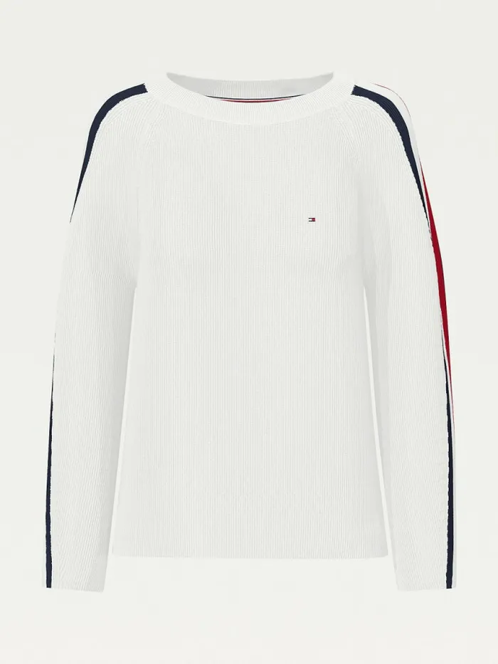 Tommy Hilfiger Signature Sleeve Round Neck Jumper Ecru Womens Knitwear Online