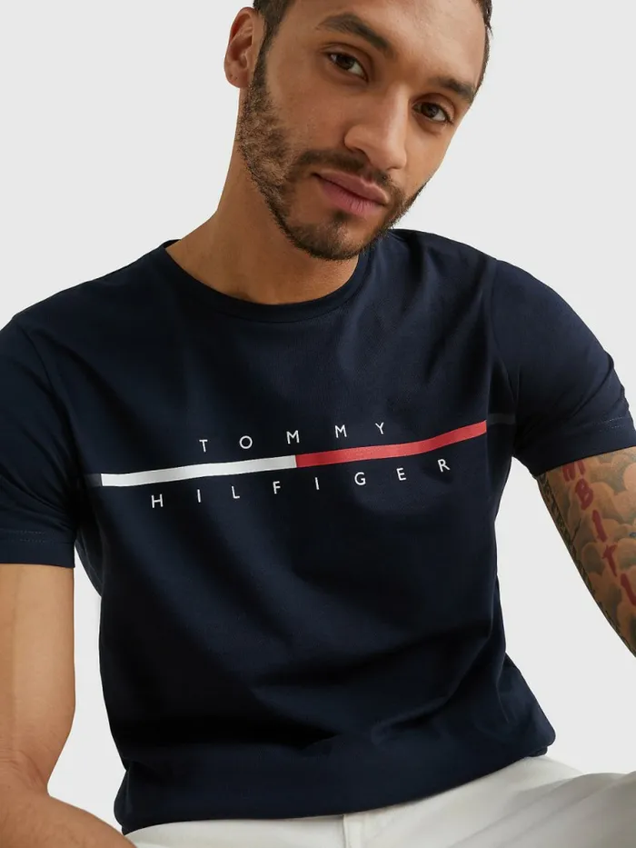 Tommy Hilfiger Signature Split Logo TShirt Desert Sky Mens TShirts Sale