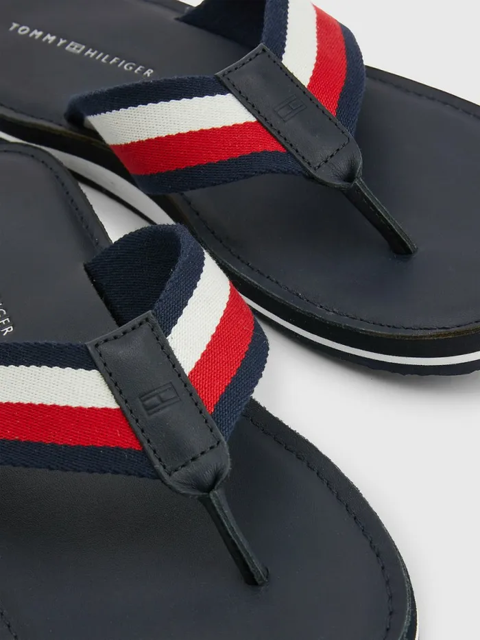 Tommy Hilfiger Signature Tape Leather Footbed FlipFlops Desert Sky Mens Sandals Sliders and Flip Flops Cheap On Sale