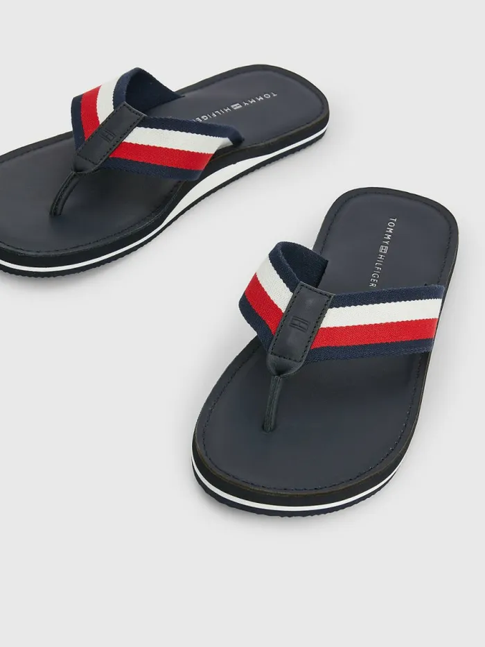 Tommy Hilfiger Signature Tape Leather Footbed FlipFlops Desert Sky Mens Sandals Sliders and Flip Flops Cheap On Sale