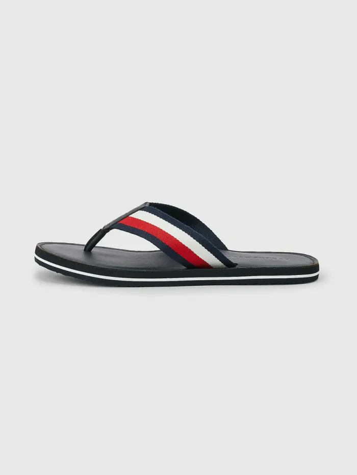 Tommy Hilfiger Signature Tape Leather Footbed FlipFlops Desert Sky Mens Sandals Sliders and Flip Flops Cheap On Sale