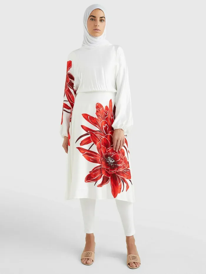 Tommy Hilfiger Silky Floral Print Midi Dress Island FlowerEcru Base Womens Dresses and Jumpsuits Fashion