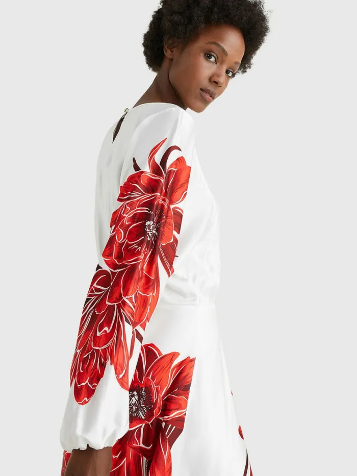 Tommy Hilfiger Silky Floral Print Midi Dress Island FlowerEcru Base Womens Dresses and Jumpsuits Fashion