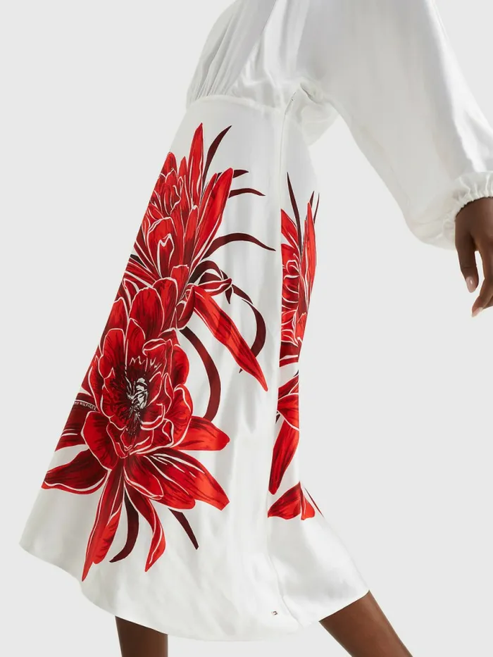 Tommy Hilfiger Silky Floral Print Midi Dress Island FlowerEcru Base Womens Dresses and Jumpsuits Fashion