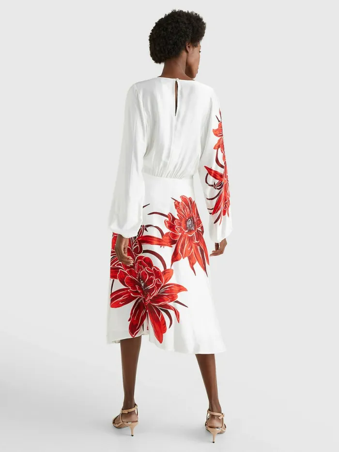 Tommy Hilfiger Silky Floral Print Midi Dress Island FlowerEcru Base Womens Dresses and Jumpsuits Fashion