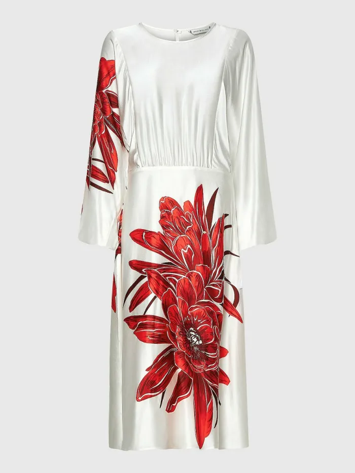 Tommy Hilfiger Silky Floral Print Midi Dress Island FlowerEcru Base Womens Dresses and Jumpsuits Fashion