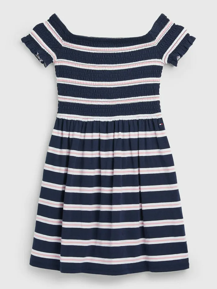 Tommy Hilfiger Smocked Stripe Fit and Flare Dress Twilight Navy Fresh Pink Stripe Girls Dresses Sale Tommy Hilfiger Smocked Stripe Fit and Flare Dress Twilight Navy Fresh Pink Stripe Girls Dresses Sale