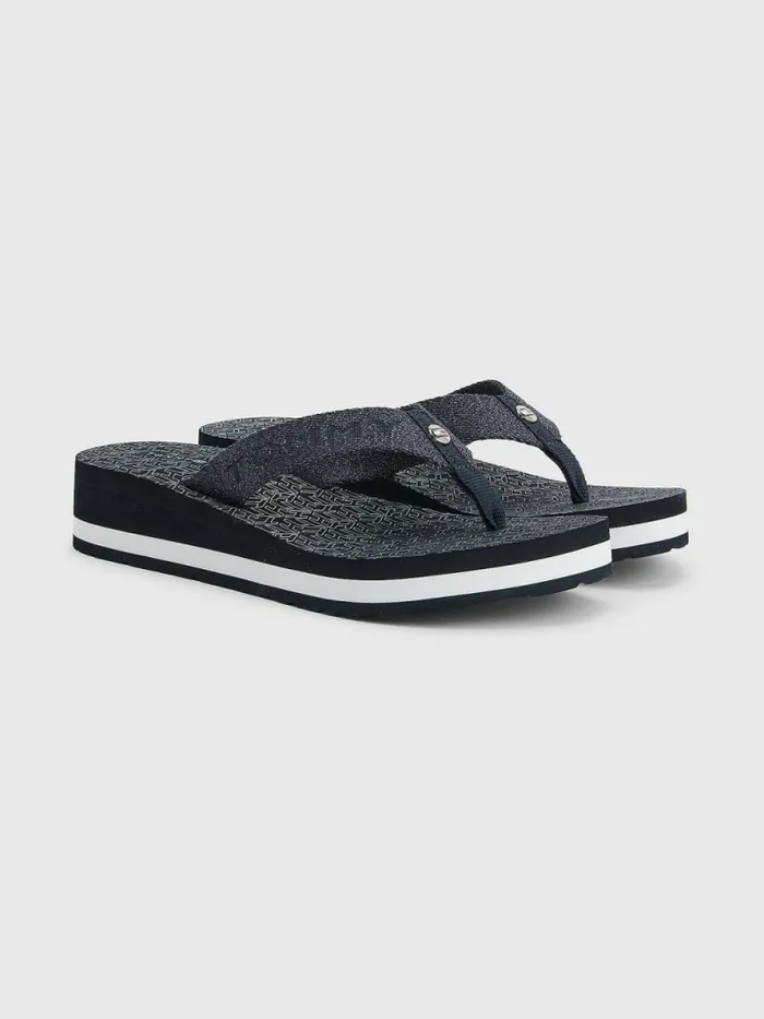 Tommy Hilfiger Sparkle Detail Monogram Print Wedge FlipFlops Desert Sky Womens Sandals Sale