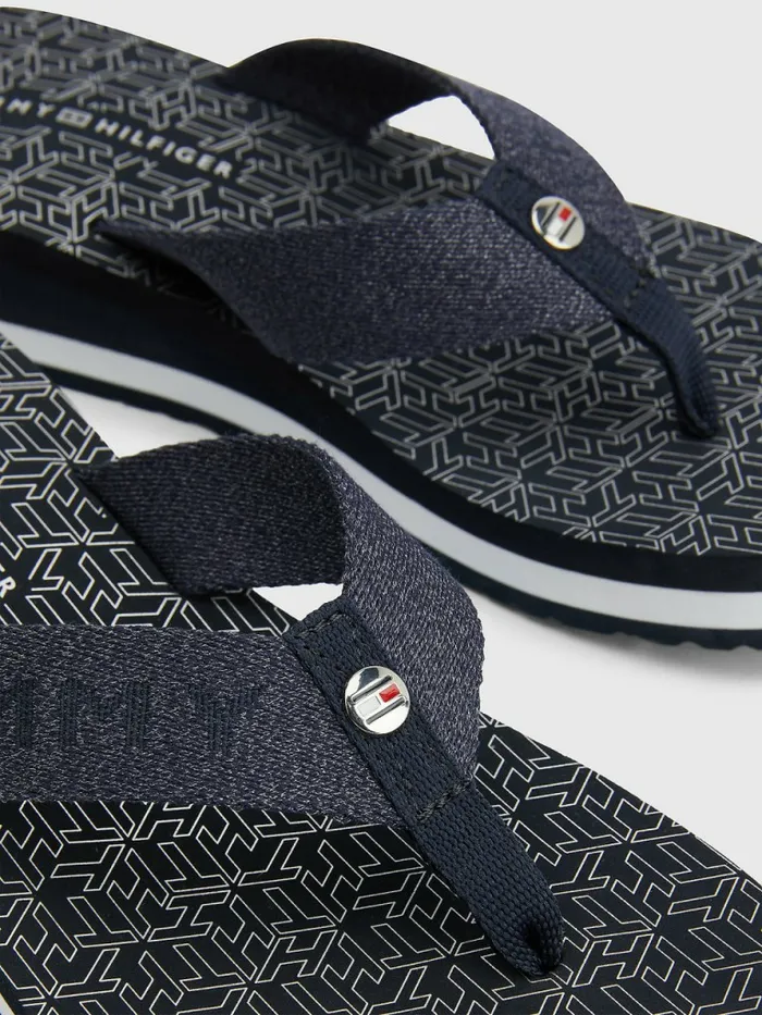 Tommy Hilfiger Sparkle Detail Monogram Print Wedge FlipFlops Desert Sky Womens Sandals Sale