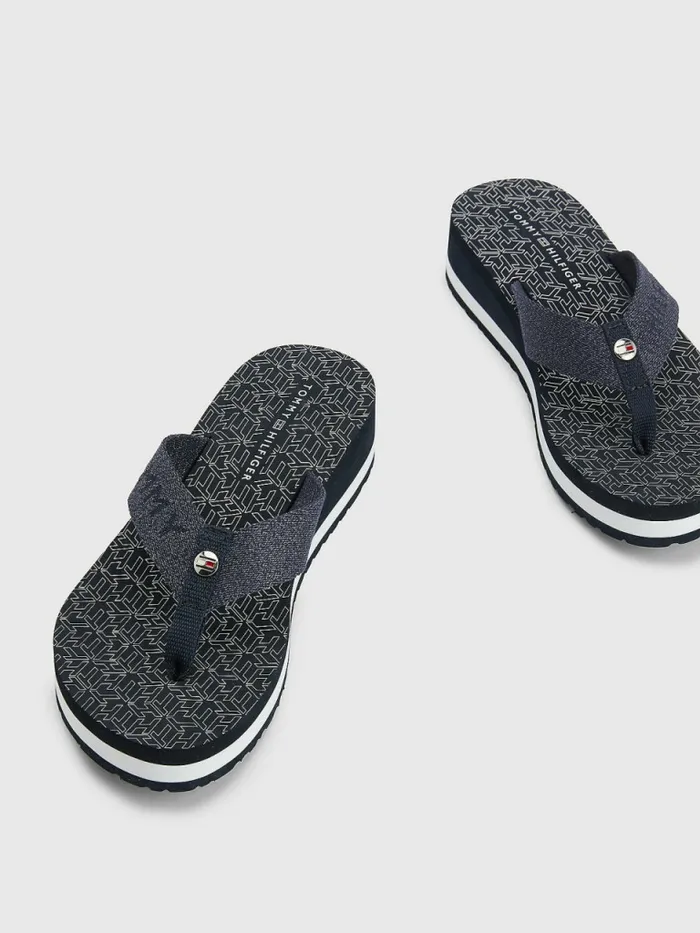 Tommy Hilfiger Sparkle Detail Monogram Print Wedge FlipFlops Desert Sky Womens Sandals Sale
