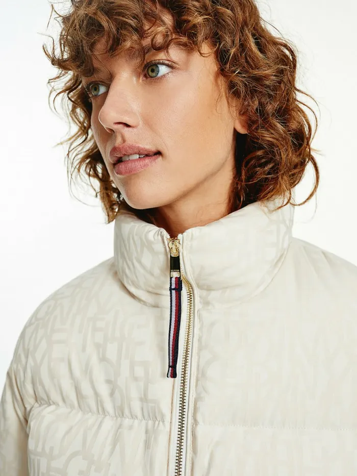 Tommy Hilfiger Spell Out Print Down Puffer Jacket Th Textured Jacquard Ecru Womens Coats and Jackets Sale